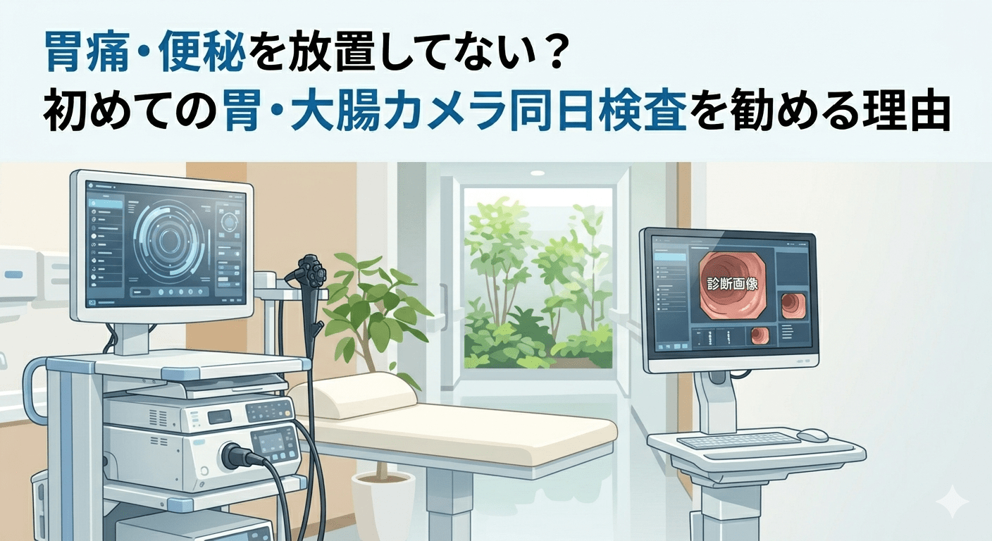 清潔感のある検査室に設置された最新の胃・大腸カメラ同日検査用モニターと医療機器のイメージ