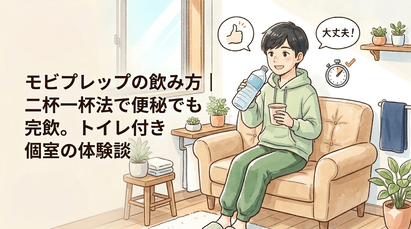モビプレップの二杯一杯法での飲み方とトイレ付き個室での検査準備の様子を解説する画像